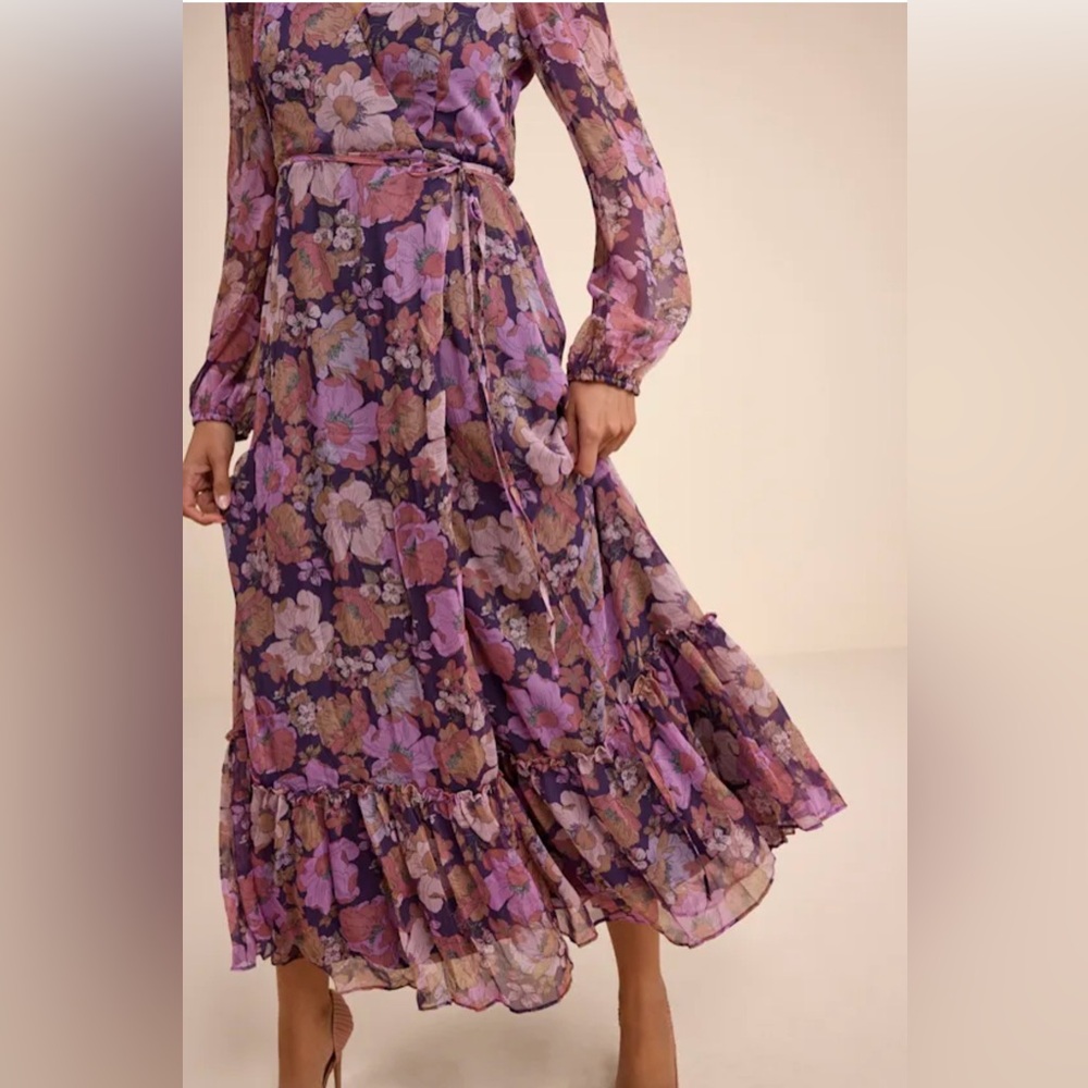 Lulus NWT “Feeling Sweet” Purple Floral Print Long Sleeve Wrap Maxi Dress. Large - Picture 13 of 15